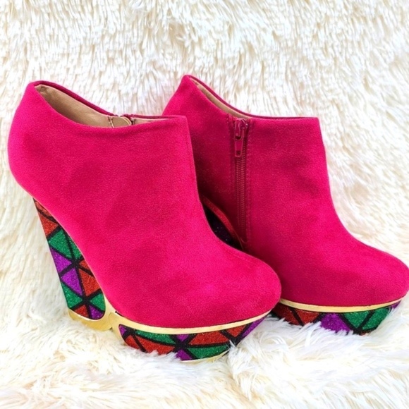 Privileged Shoes - * Privileged  Fuchsia Multi Glitter 4"  Wedge Platform Heel Ankle Boot